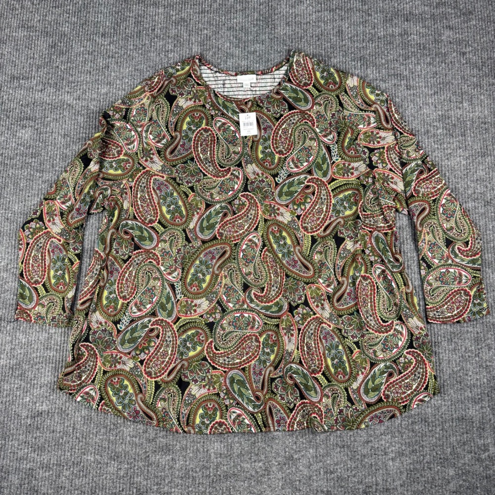 J Jill Top Womens 4X Paisley Print Green Red Long Sleeve Cotton Modal Boho Tunic